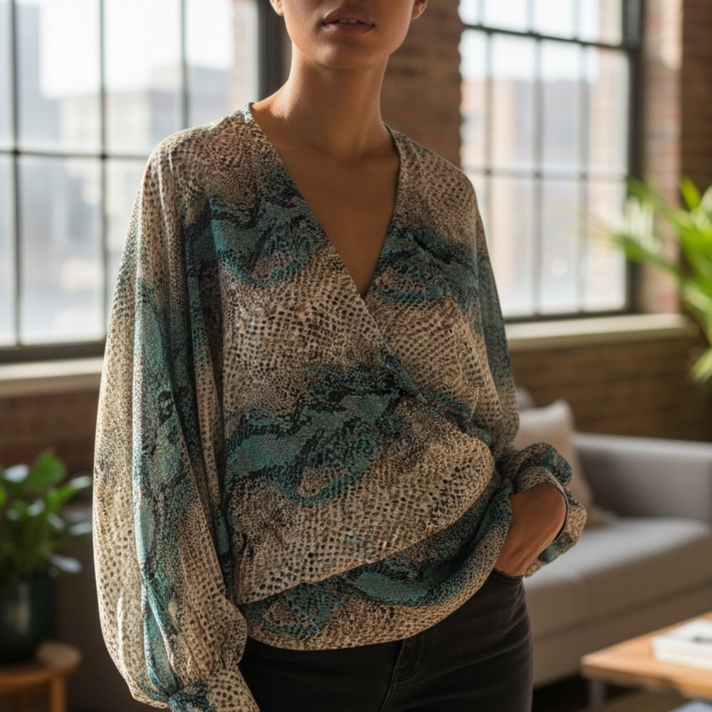 Ark & Co Teal and Beige Snake Print Blouse